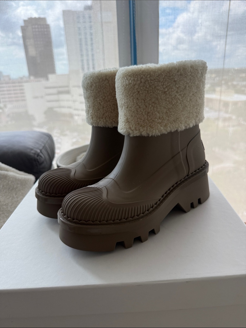 Chloe Chunky Shearling-Trim Rain Ankle Boots in Brown